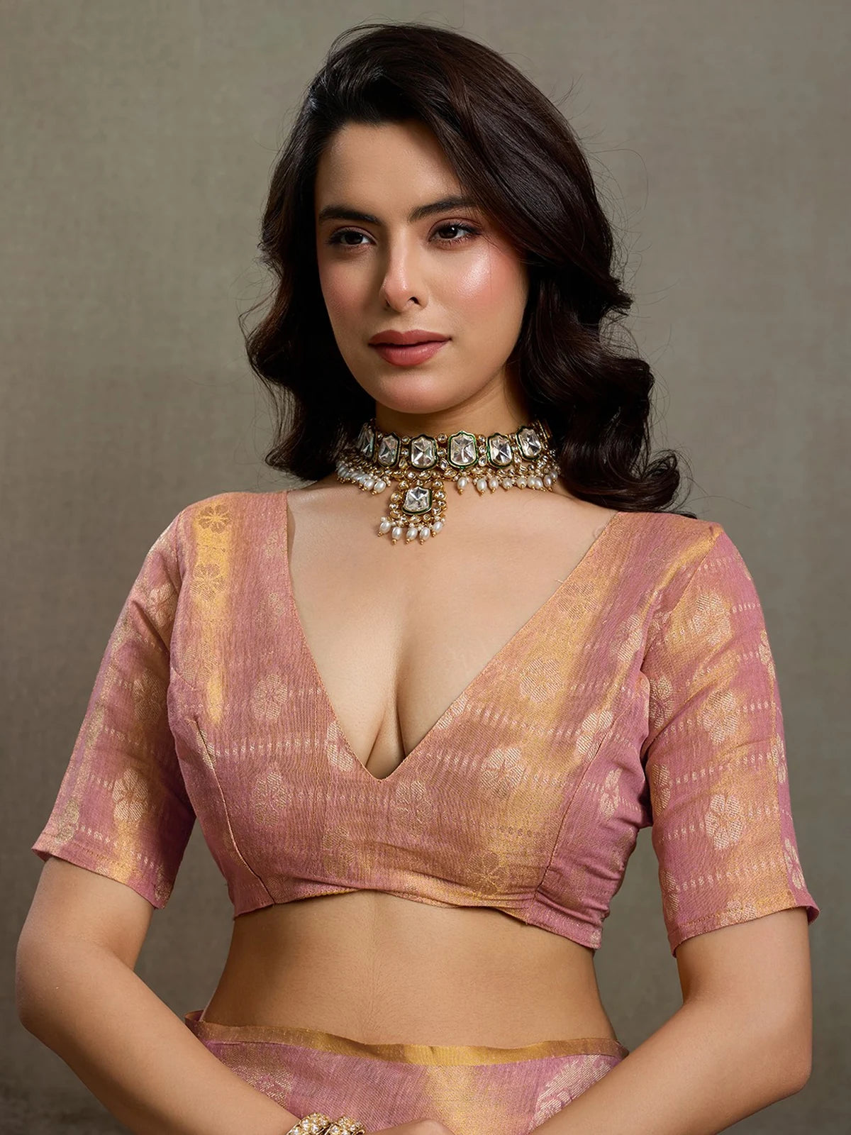 Tarani Indrayani tissue silk blouse close view with woven detailing and elegant neckline