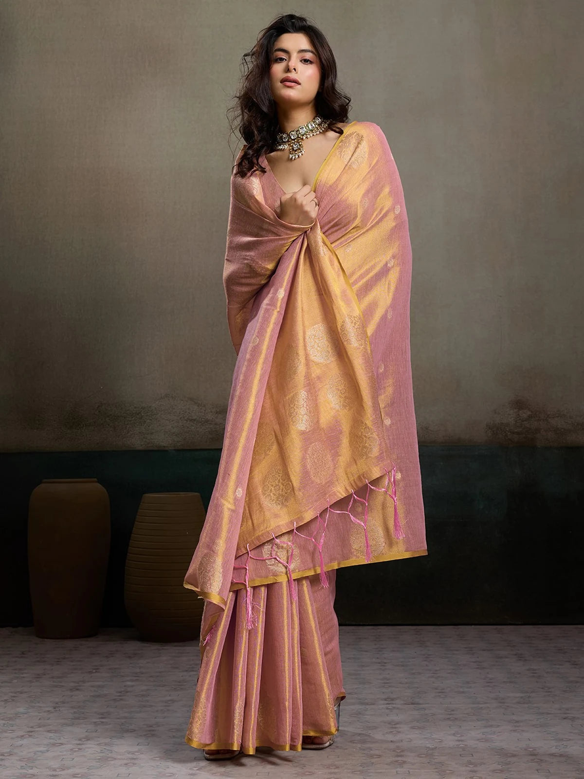 Tarani Indrayani pink tissue silk saree front view with soft shimmer and woven motifs