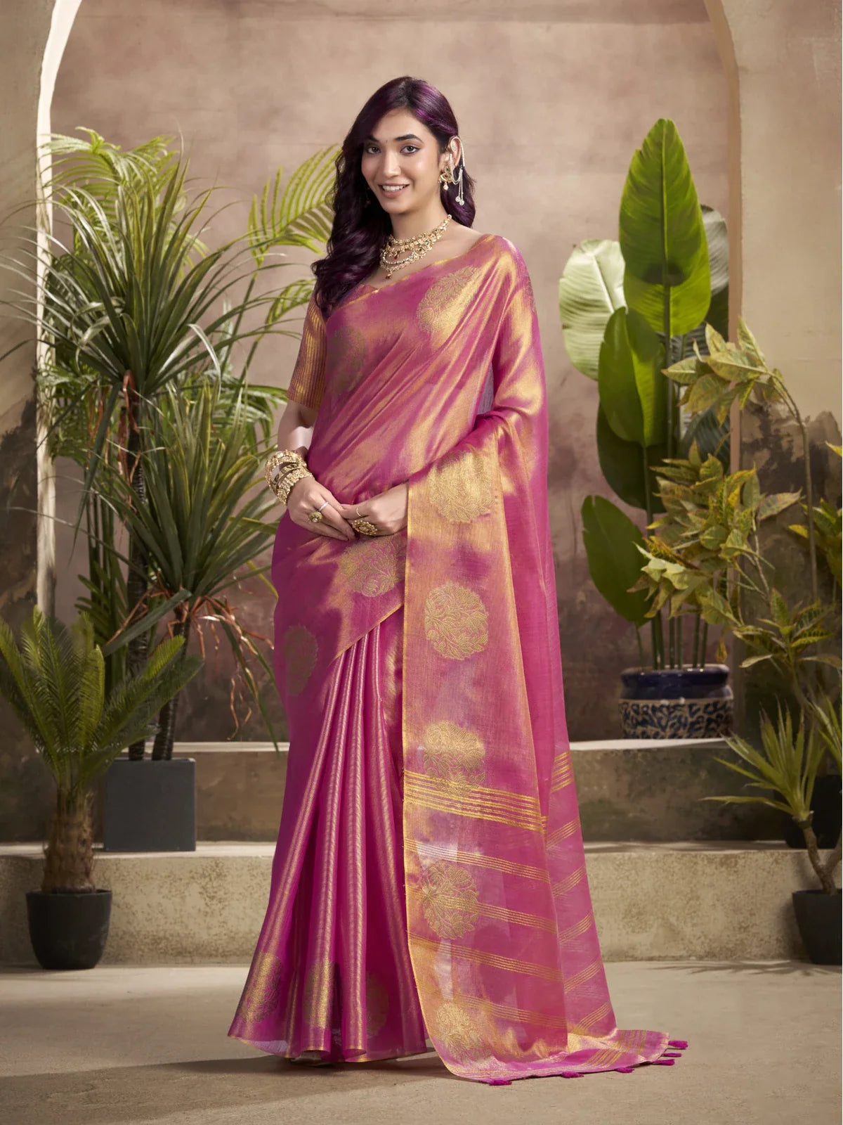 Tarani premium pink tissue silk saree with golden woven buttas full view