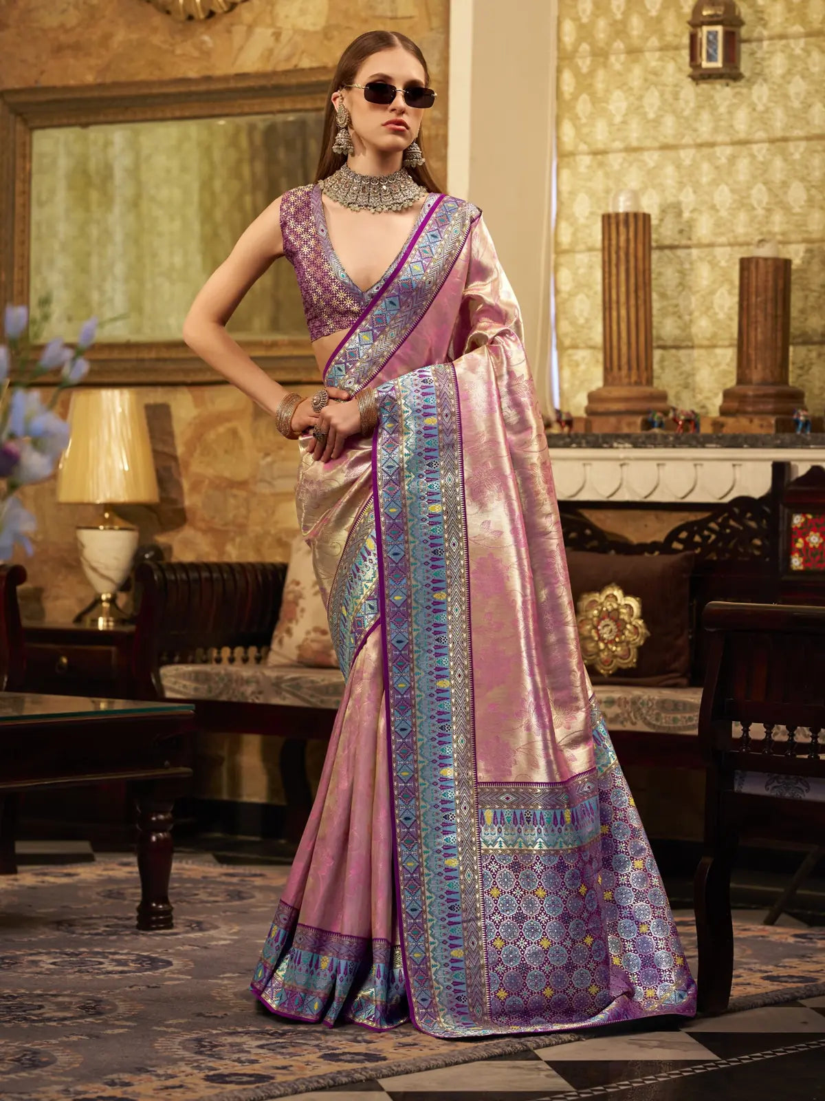 Tarani pink tissue silk saree full view with designer contrast border and pallu for party and festive wear