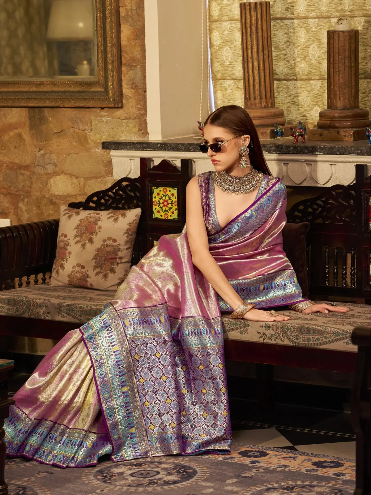 Tarani pink tissue silk saree side view highlighting contrast border and elegant drape