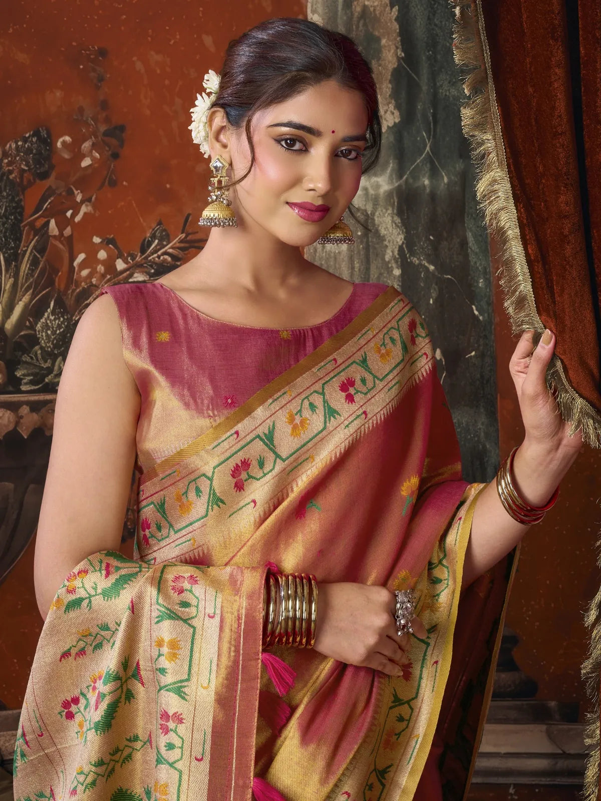 Tarani premium pink Tissue Silk Paithani saree upper body view with woven border