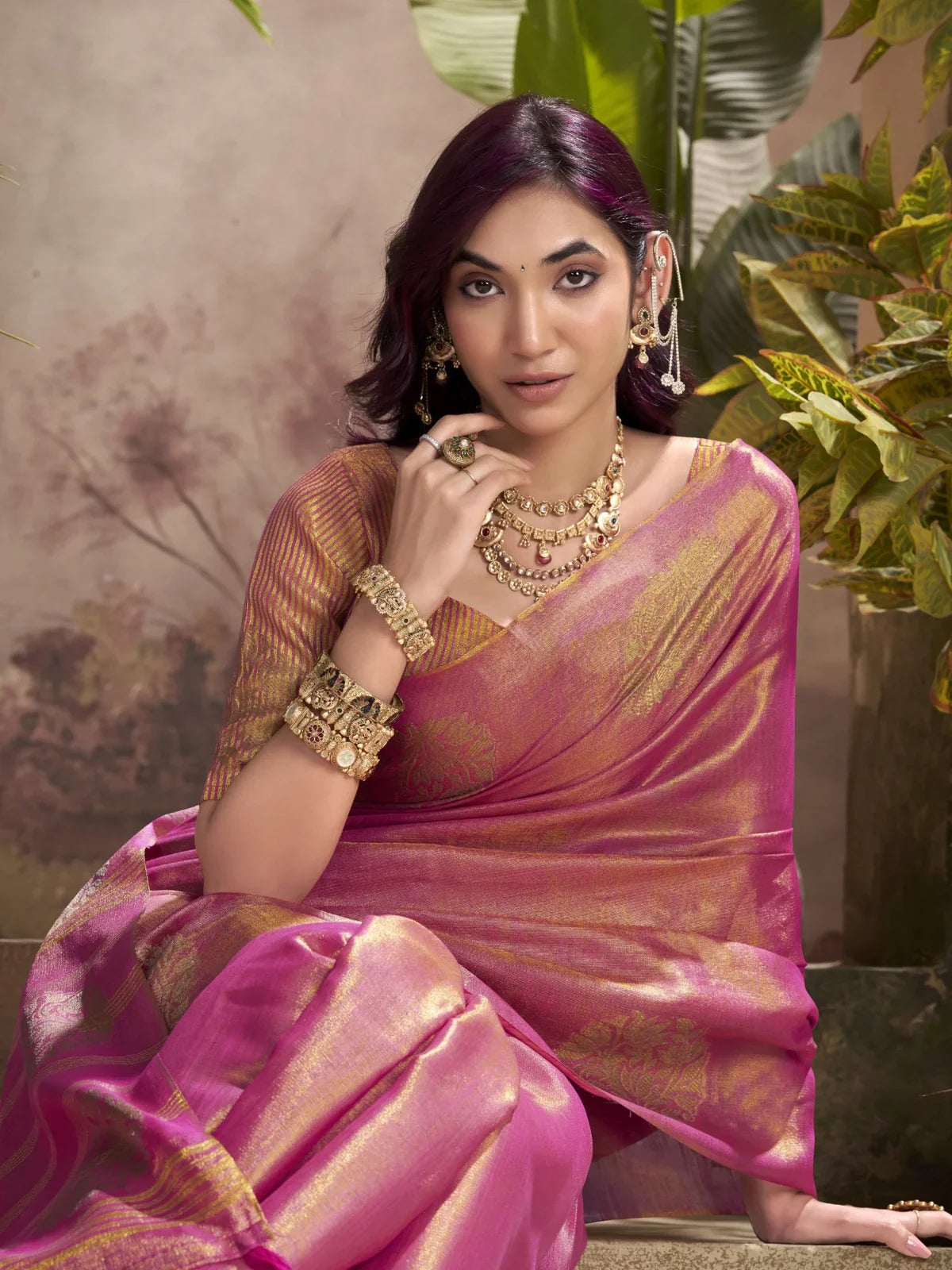 Tarani pink tissue silk saree elegant upper body view with blouse
