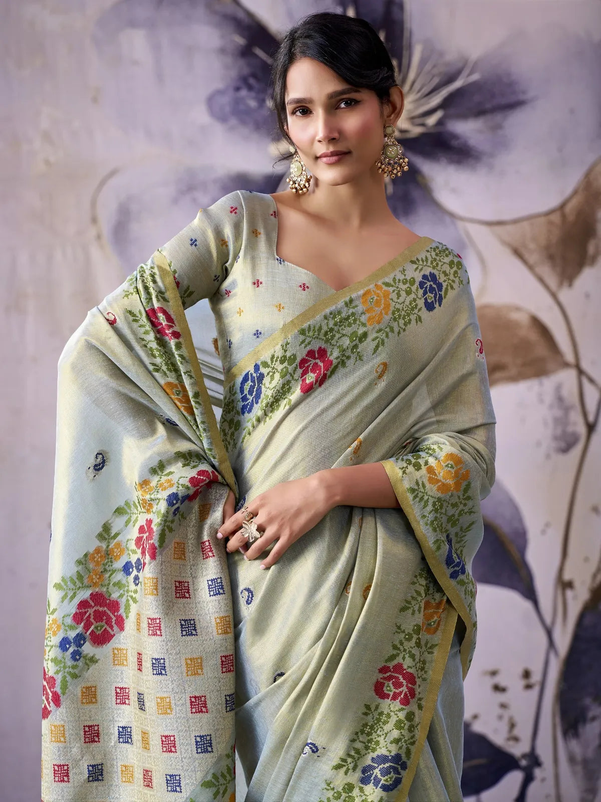 Tarani tissue silk saree in soft sage green floral woven closeup view