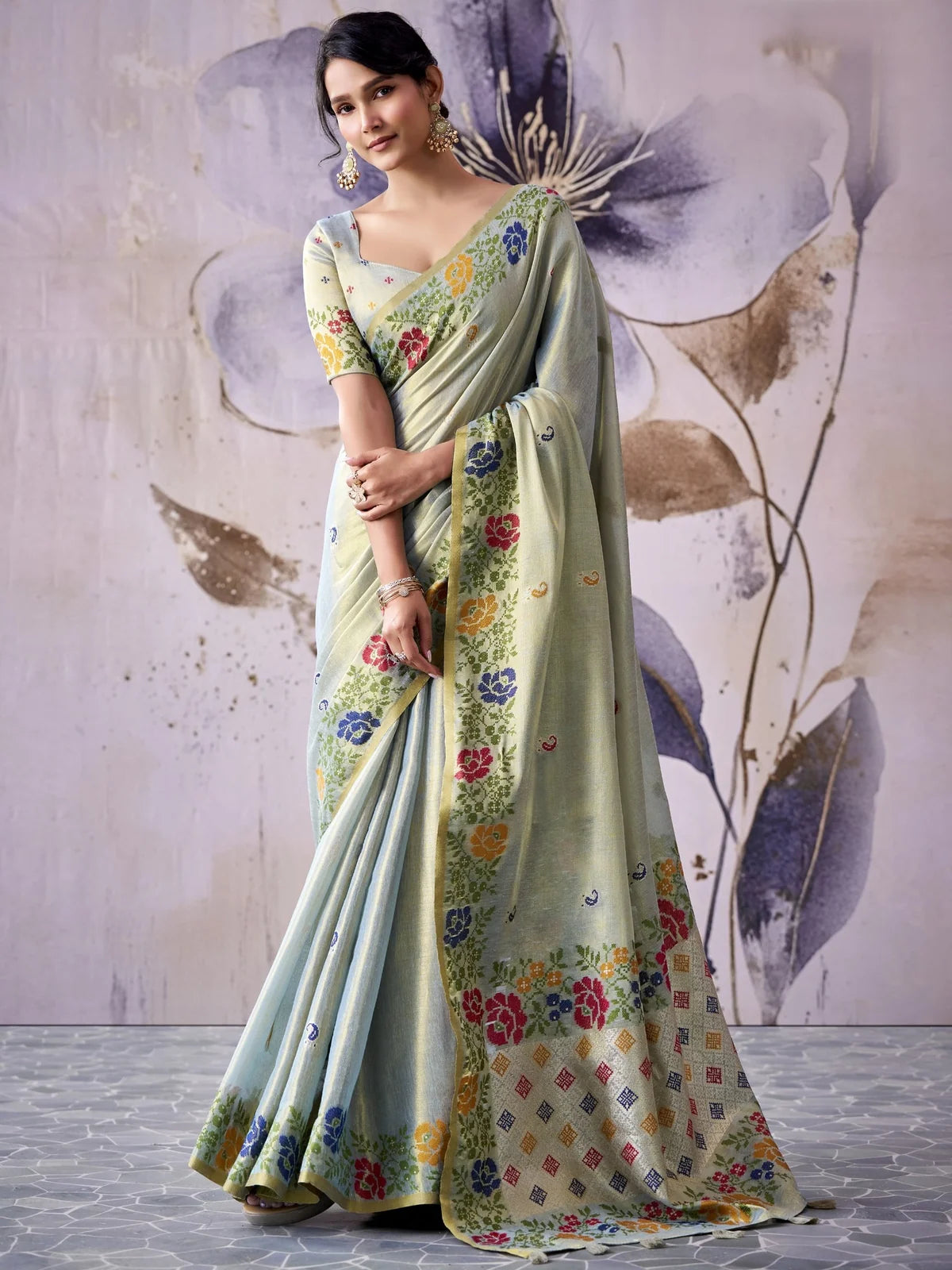 Tarani tissue silk saree in soft sage green floral woven full view