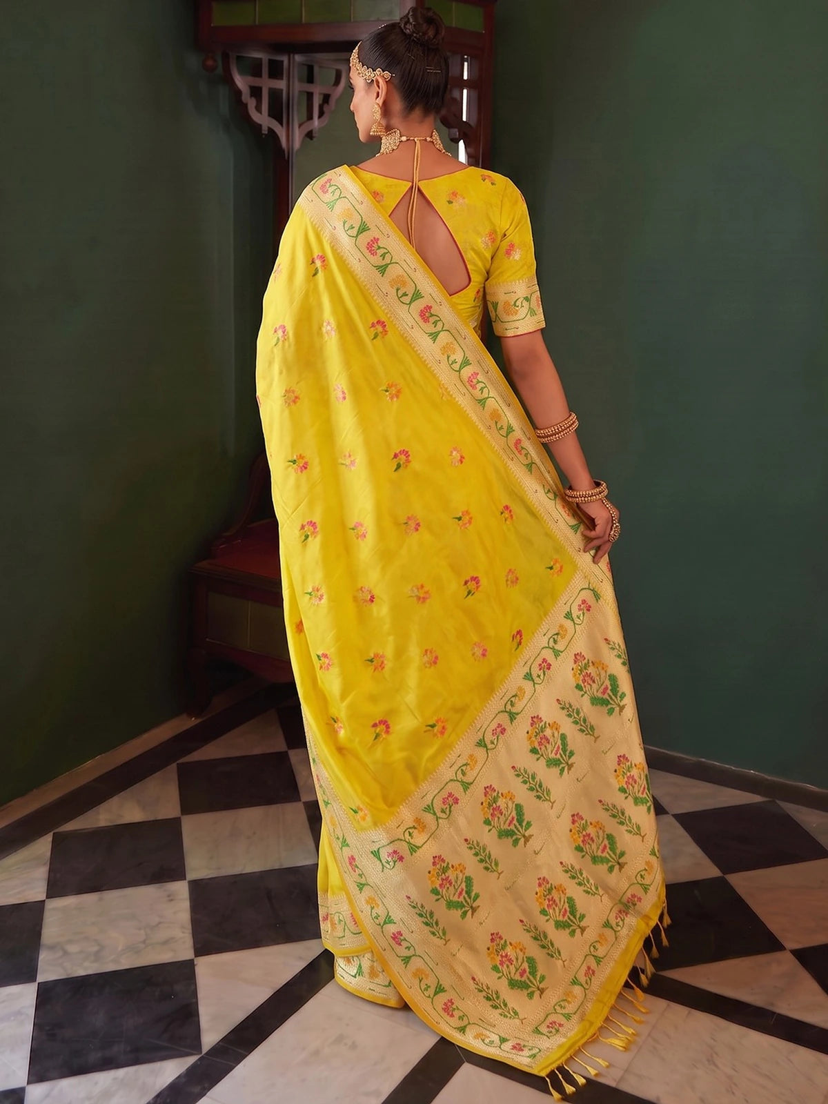 Tarani Pavitrika yellow tissue silk saree back view with woven border, pallu and blouse detail