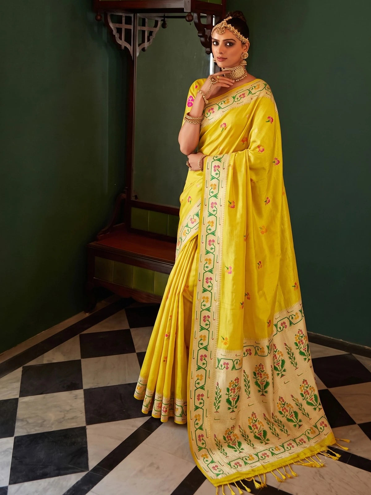 Tarani Pavitrika yellow tissue silk saree front view with floral weaving and statement pallu