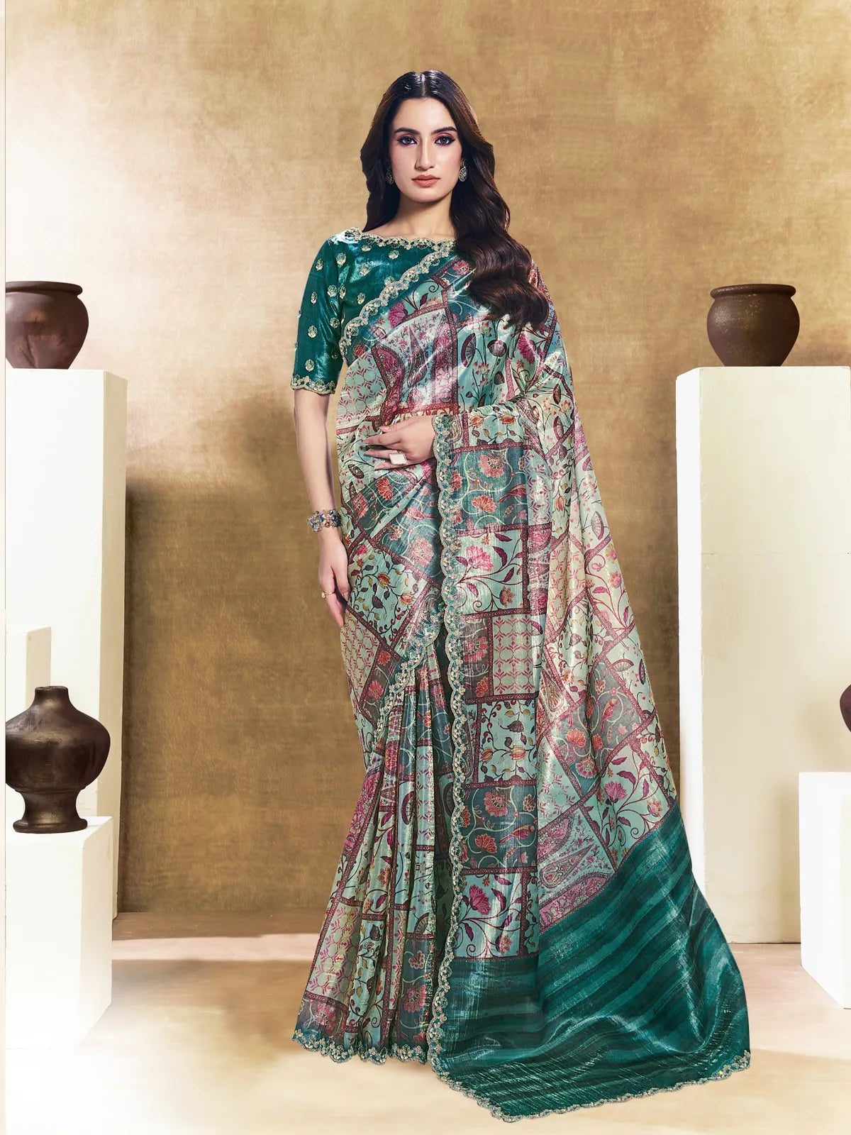Tarani Charul teal Two Tone Paper Silk saree full view with digital abstract print embroidery and stone handwork