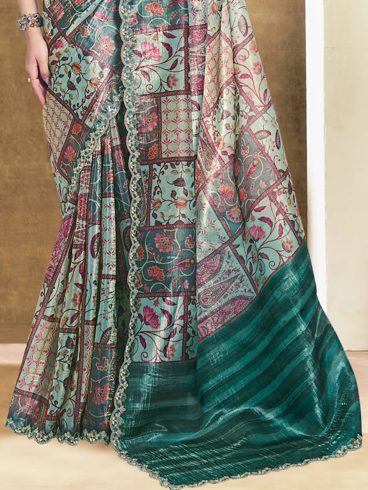 Tarani Charul teal Paper Silk saree pallu view with digital abstract print border and detailed craftsmanship