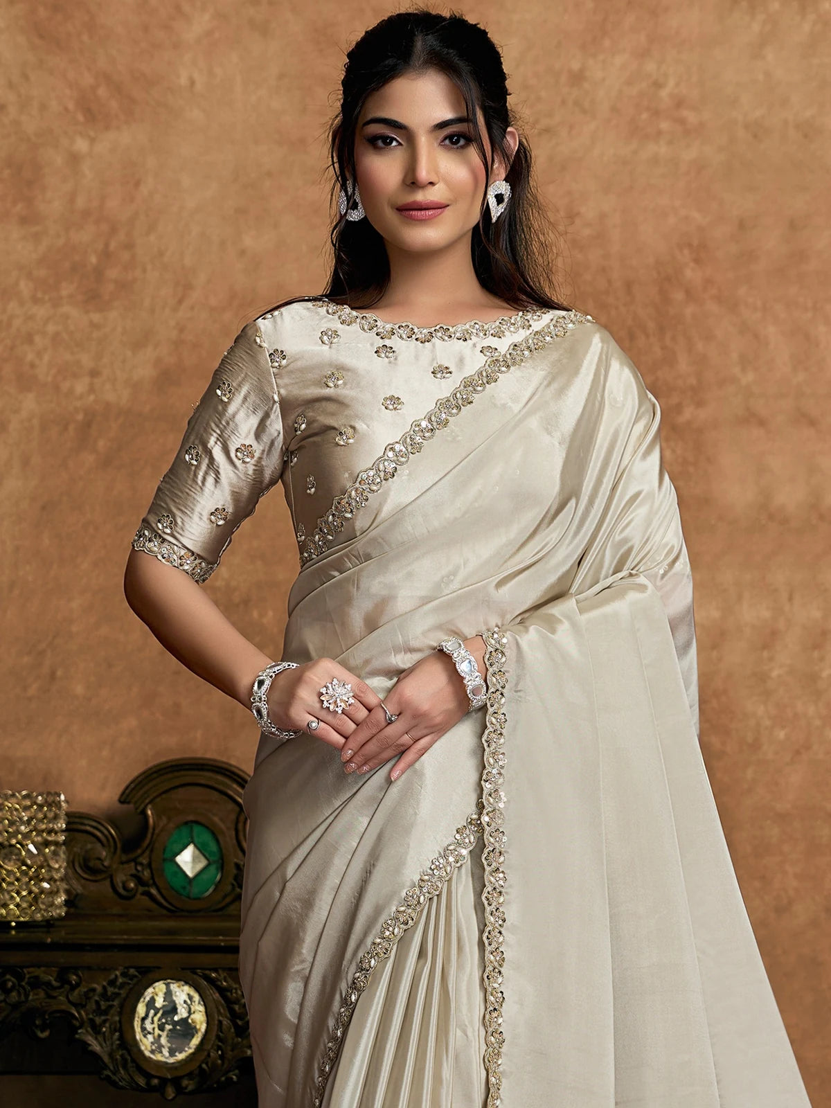 Tarani Surangi off white Uppada Silk saree upper body view with embroidered blouse and elegant drape