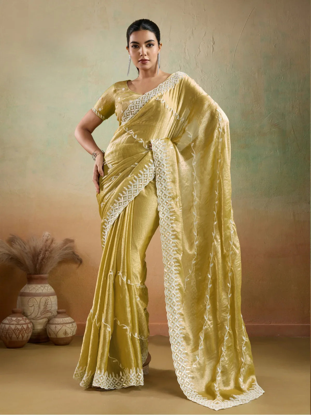 Tarani golden velvet chiffon party saree full view with elegant embroidery and detailing