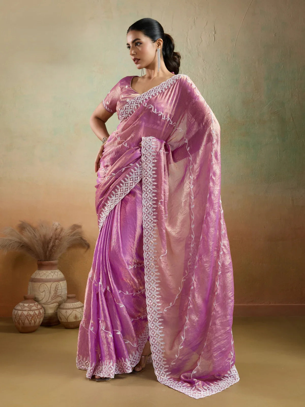 Tarani pink velvet chiffon saree with white sequin embroidery and matching blouse