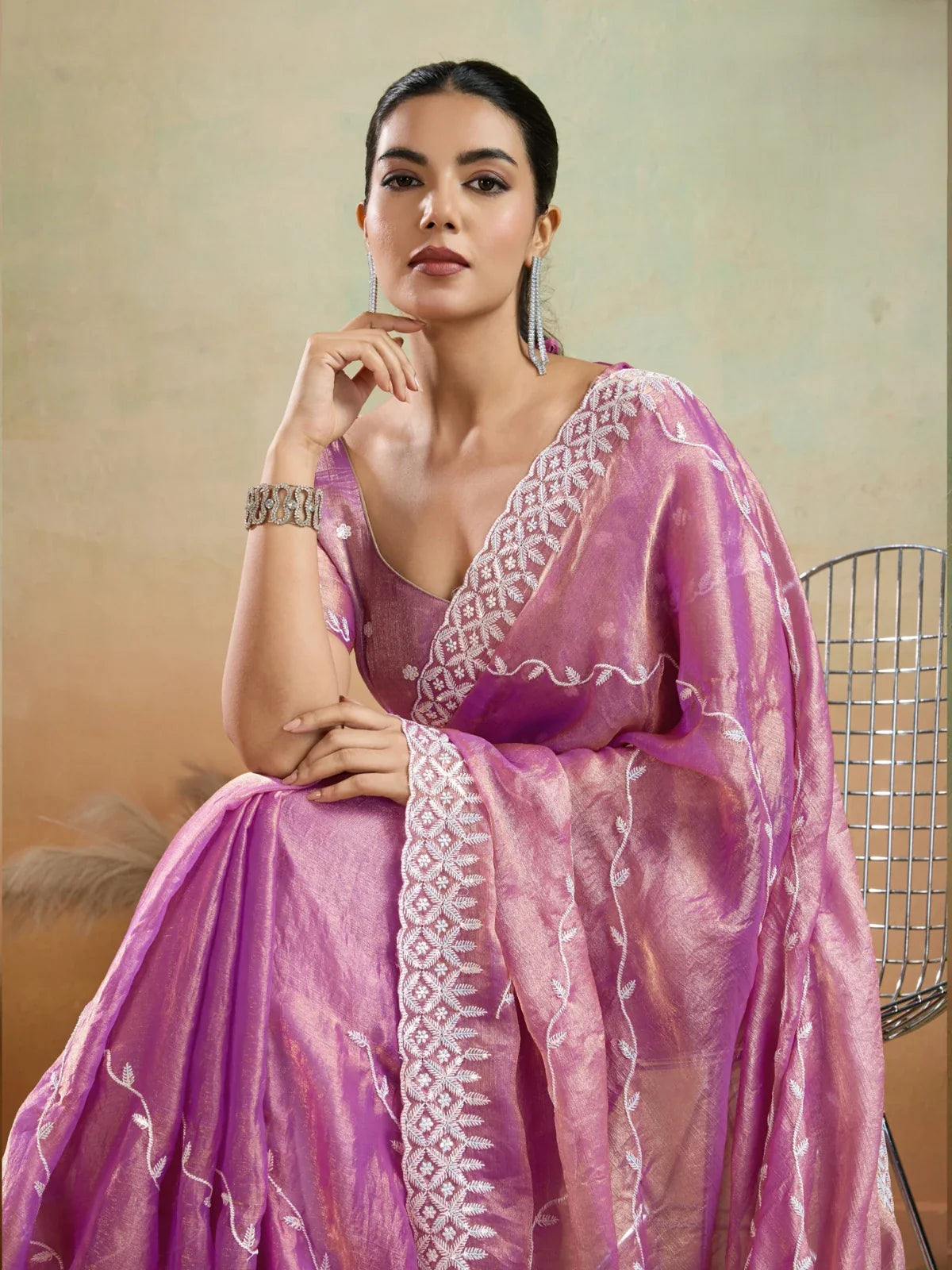 Tarani elegant pink velvet chiffon saree upper body view highlighting blouse embroidery