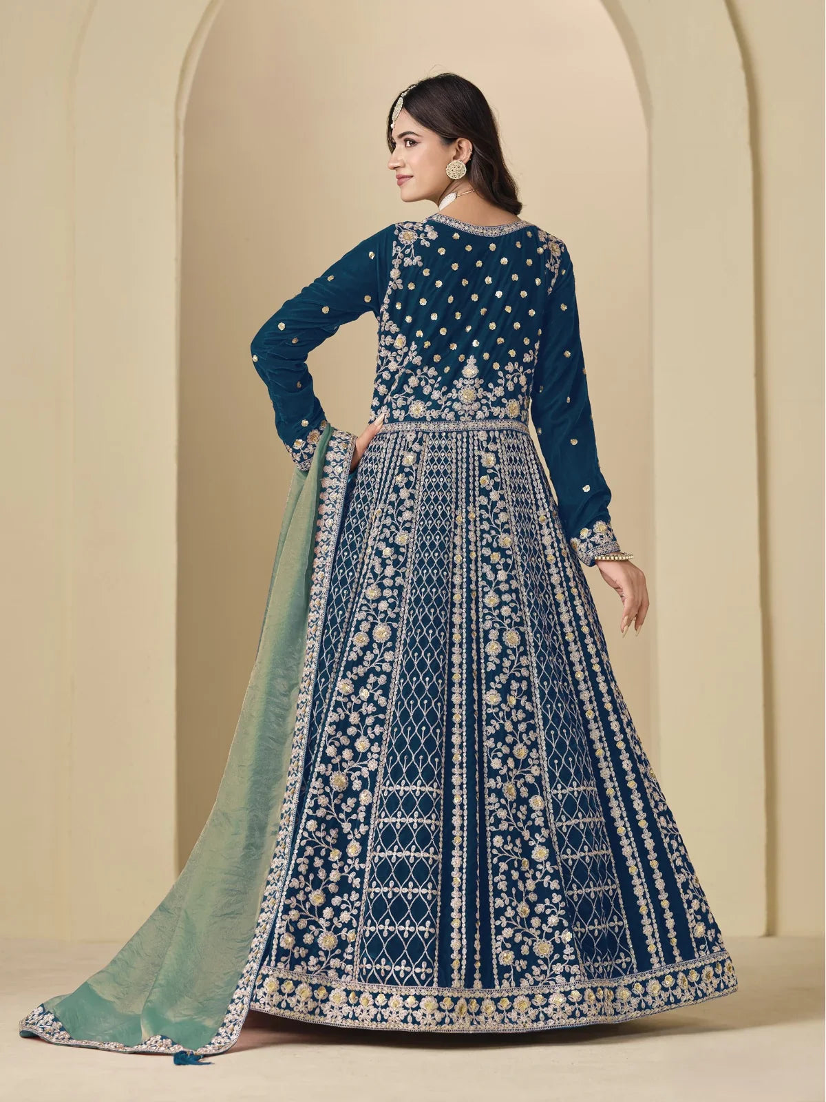 Tarani designer blue velvet dress back view with dupatta and embroidered detailing