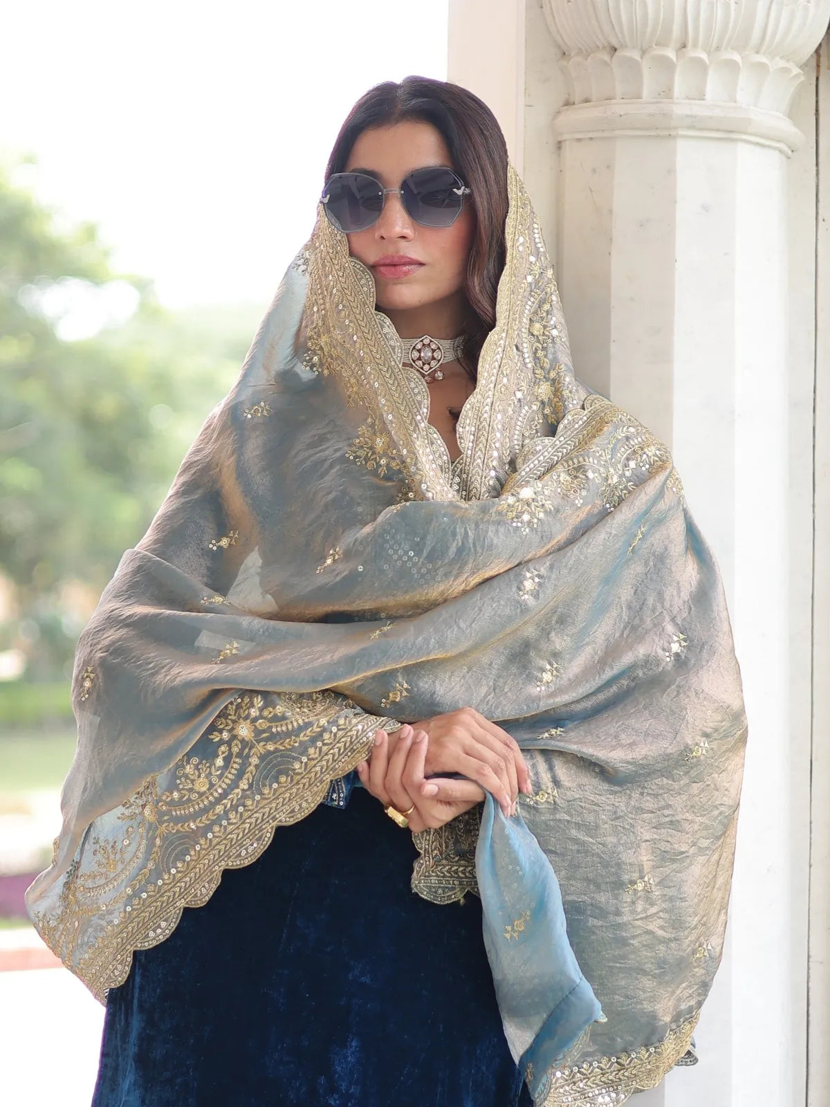 Tarani closeup embroidery and sequin work on blue velvet dress with luxury finish