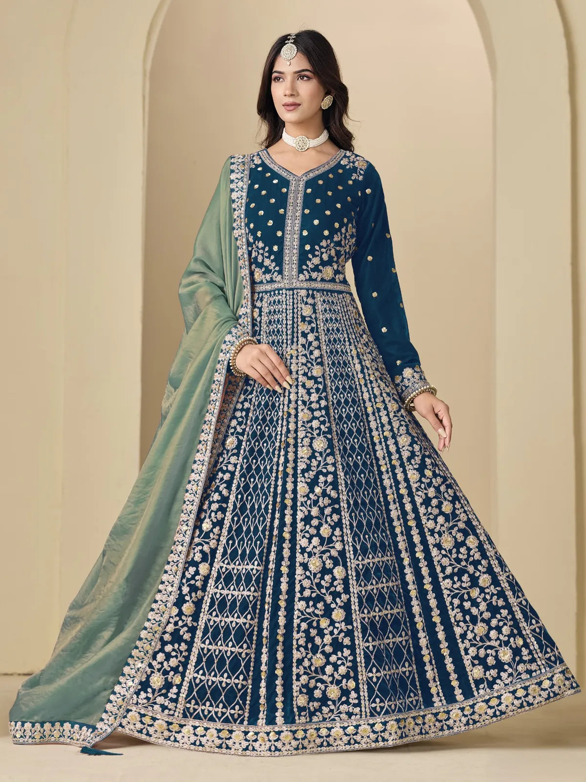 Tarani premium blue velvet party wear dress with embroidery and dupatta full view