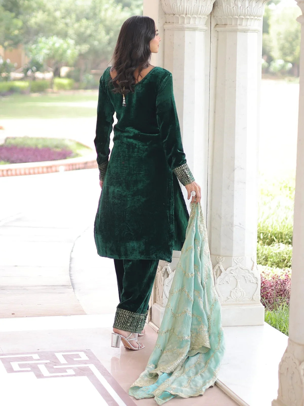 Tarani green velvet embroidered dress showing full back and dupatta drape