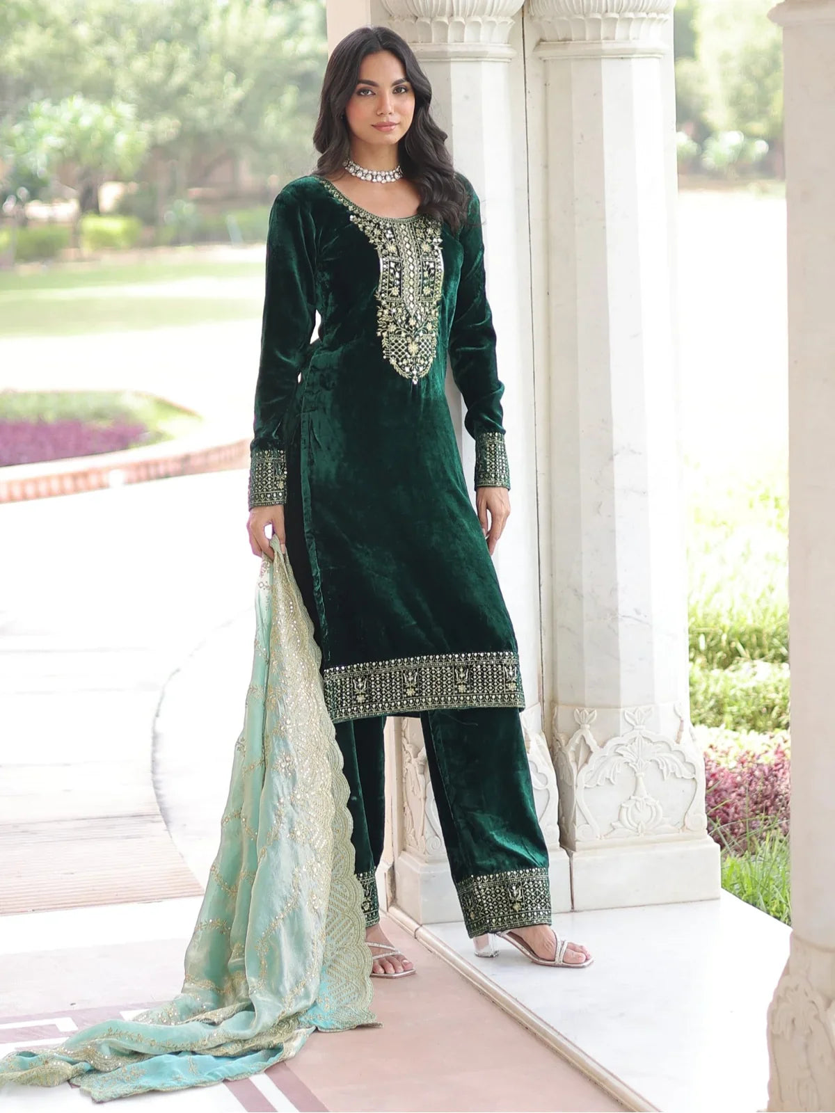 Tarani green velvet festive dress showing front embroidery with palazzo