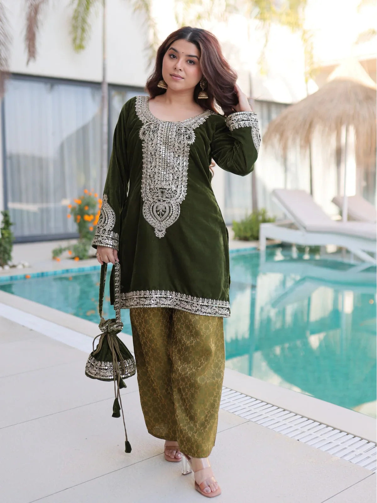 Tarani green velvet dress with zari embroidery and batwa full view – festive party wear for women