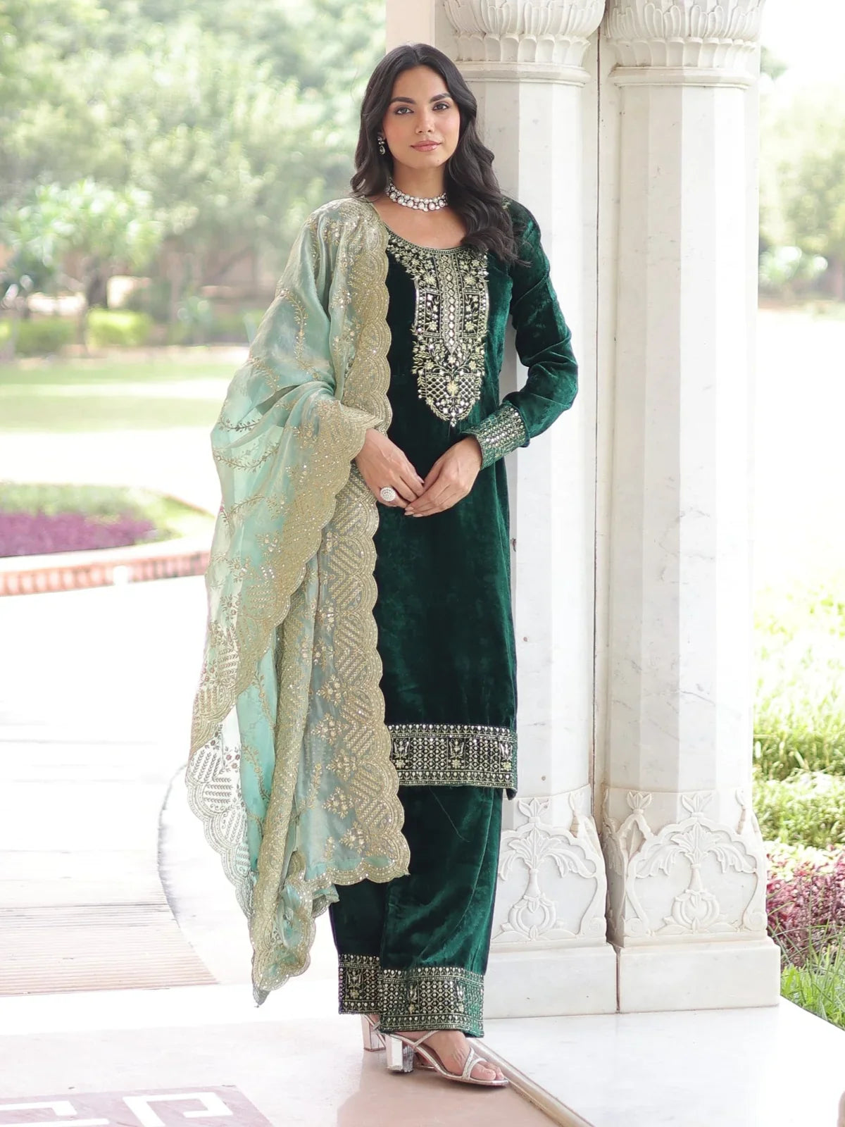 Tarani premium green velvet dress with embroidery and dupatta front full view