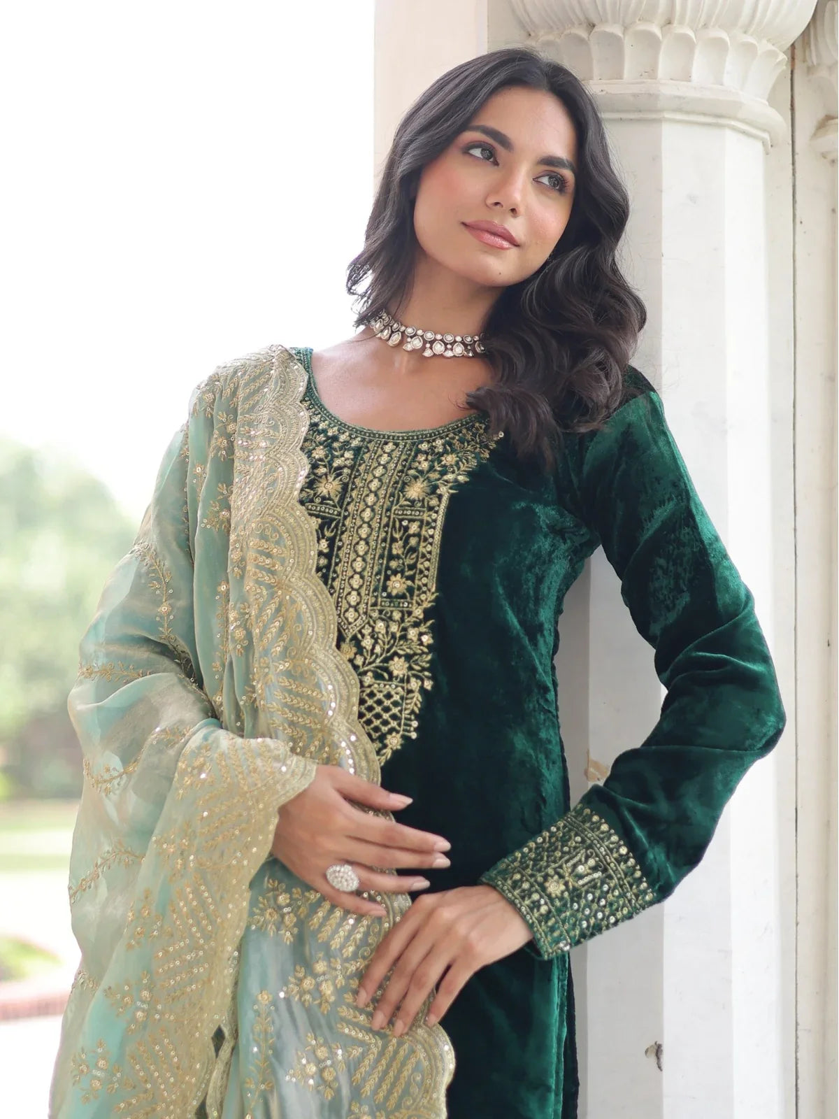Tarani close-up of green velvet embroidered neckline and dupatta upper body view
