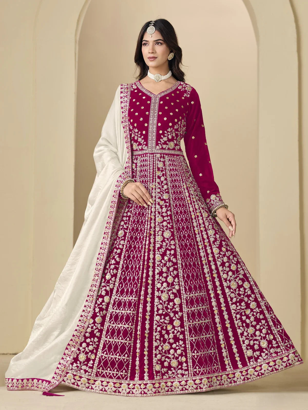 Tarani maroon velvet dress with full embroidery and white silk dupatta for wedding and party occasions