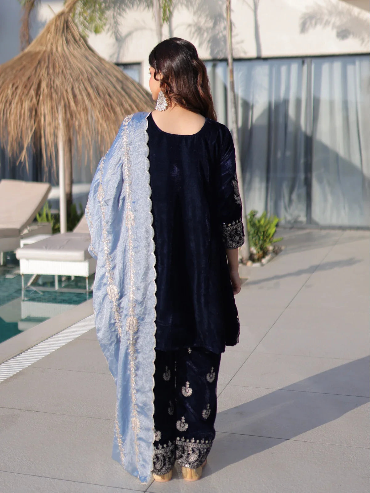 Tarani navy blue velvet dress back view with elegant dupatta and soft silhouette for weddings