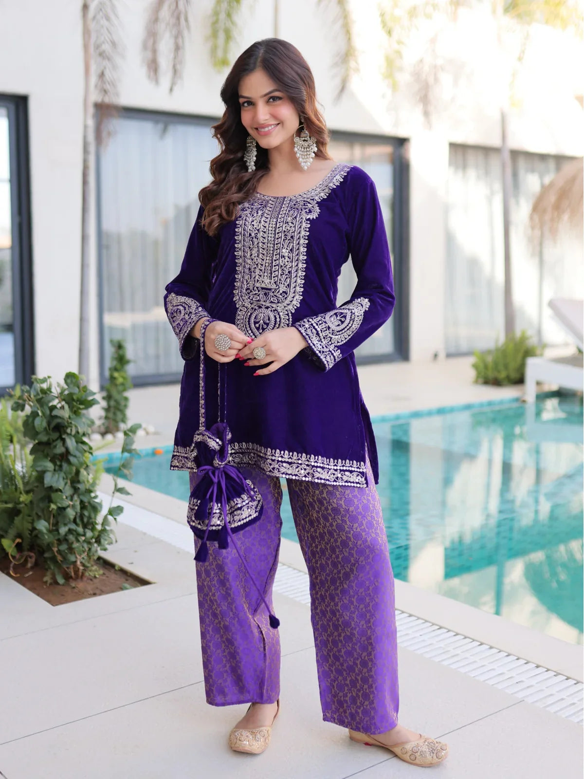 Tarani purple velvet festive dress with embroidery and batwa full view