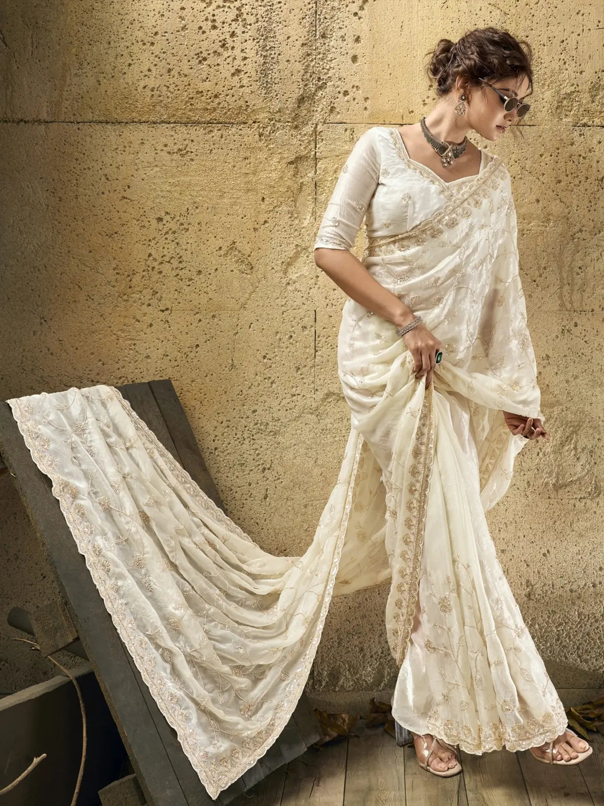 Tarani off white Velvet Satin saree with beads sequins pearl zari work front view