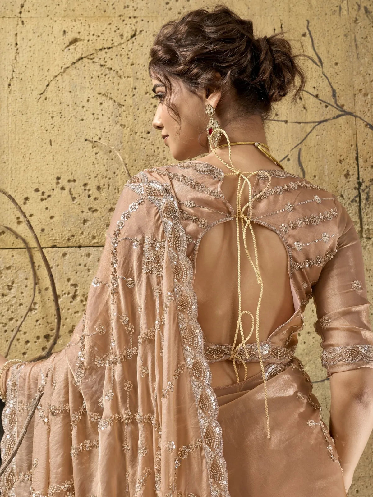 Tarani peach Velvet Satin blouse back design closeup with embroidery