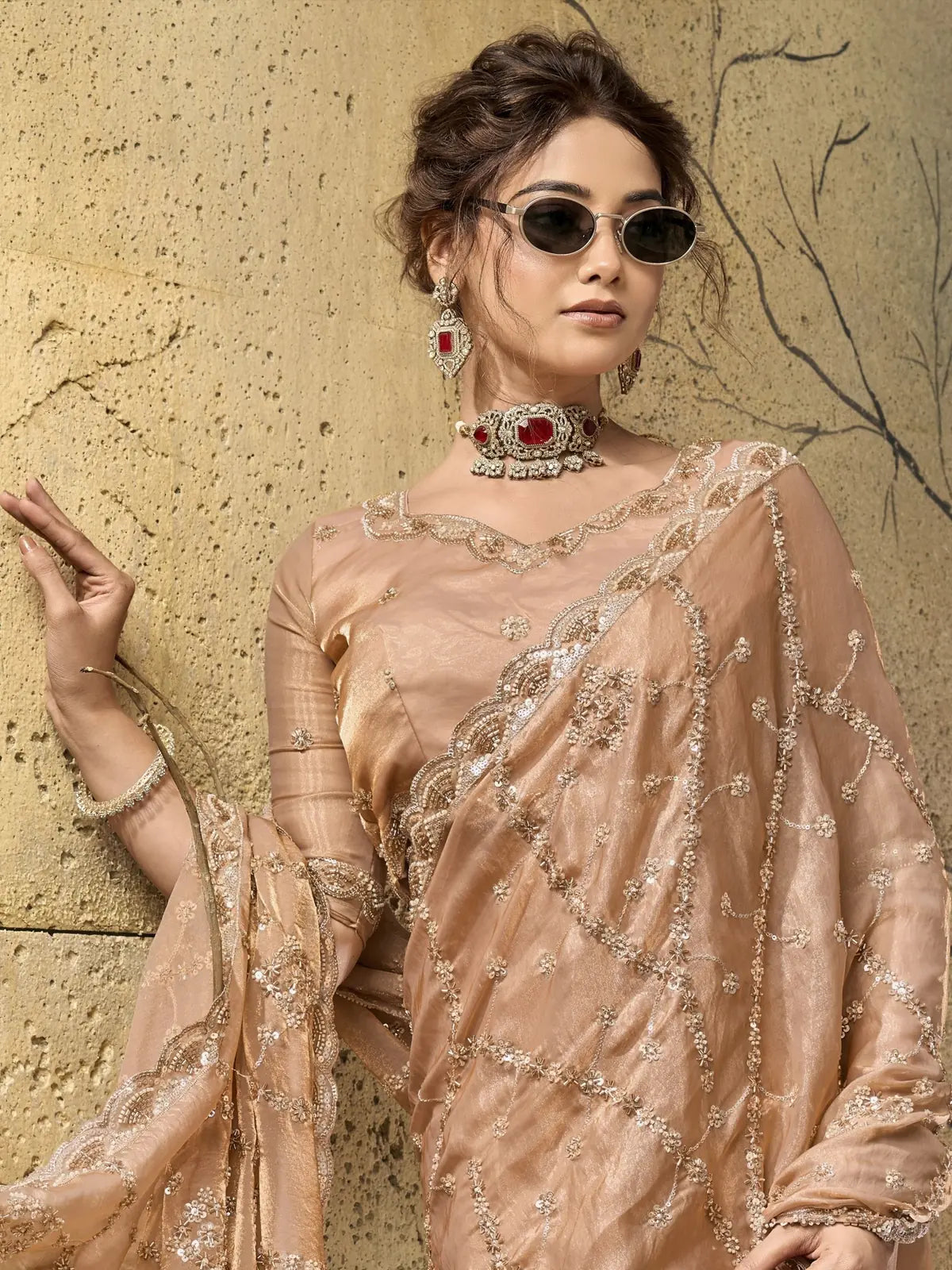 Tarani peach Velvet Satin saree upper body view highlighting embroidered pallu and blouse