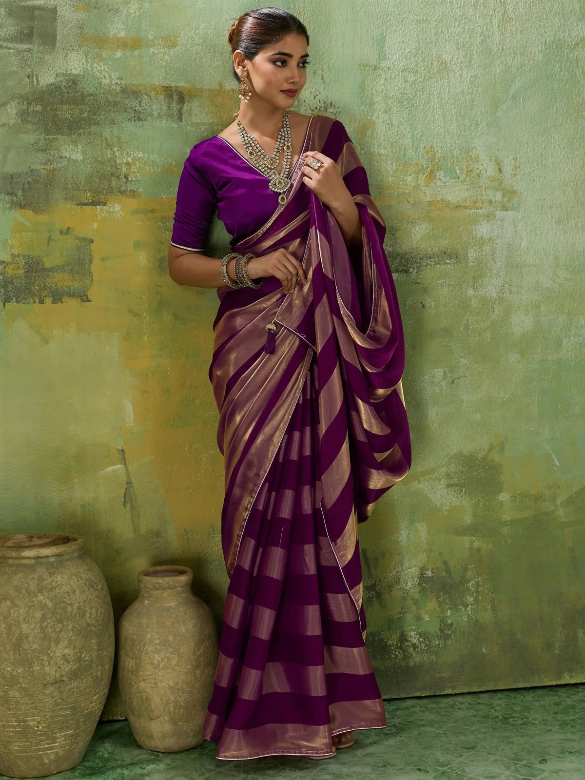 Tarani purple velvet satin saree front view with elegant drape