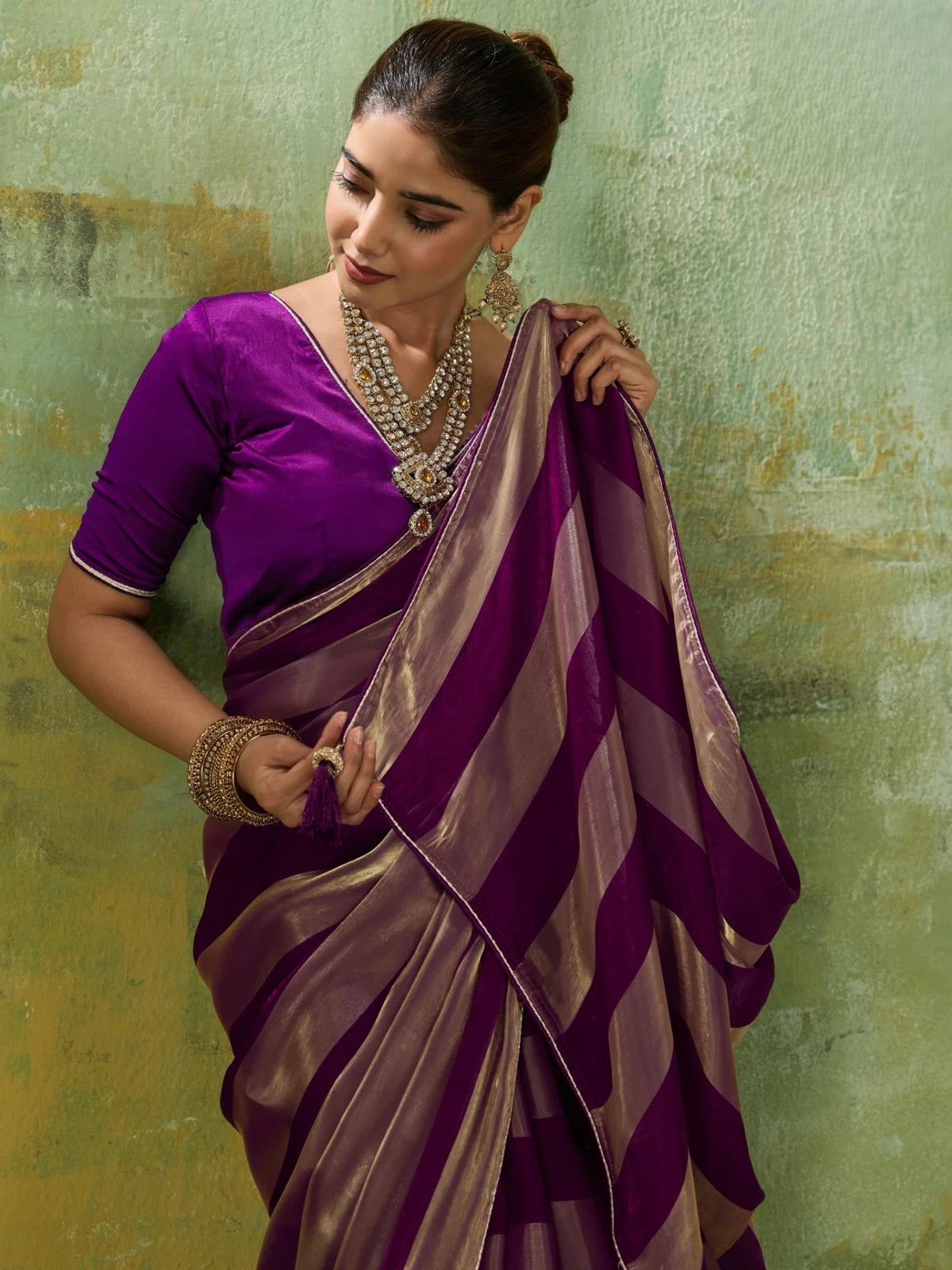 Tarani purple velvet satin saree upper body view showing blouse and border