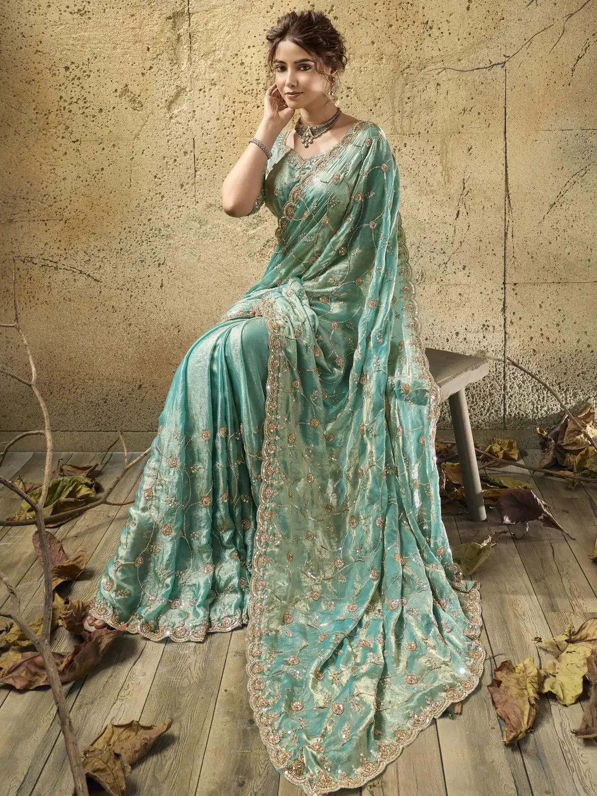 Tarani sea green velvet satin saree front-view