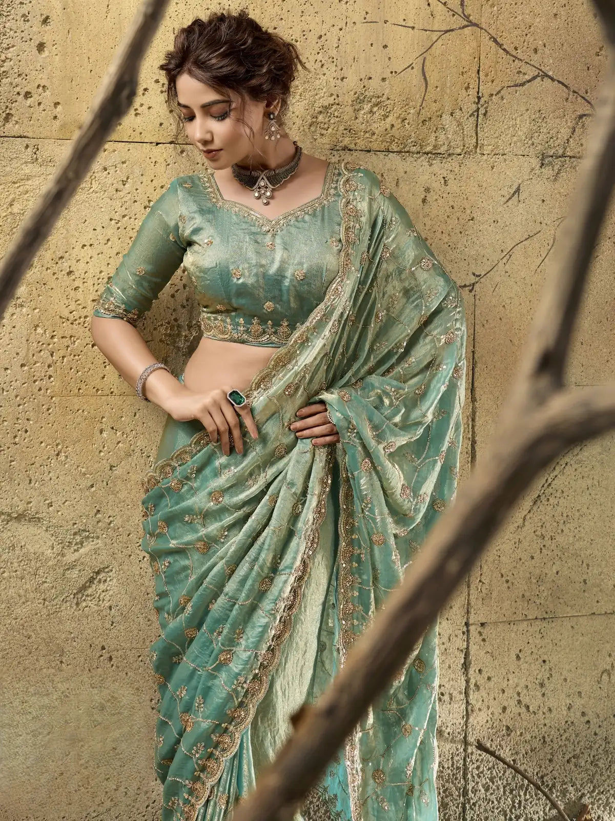 Tarani sea green velvet satin saree front-view