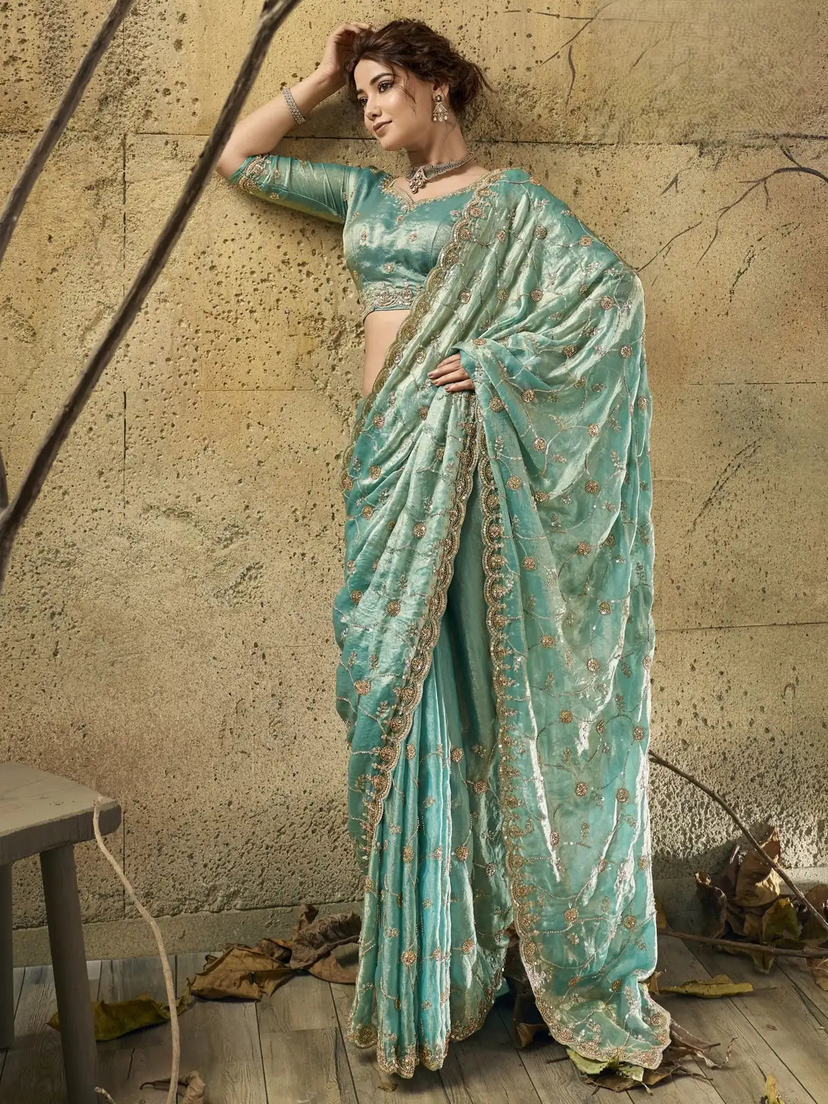 Tarani sea green velvet satin saree with bead sequins pearl zari work full view