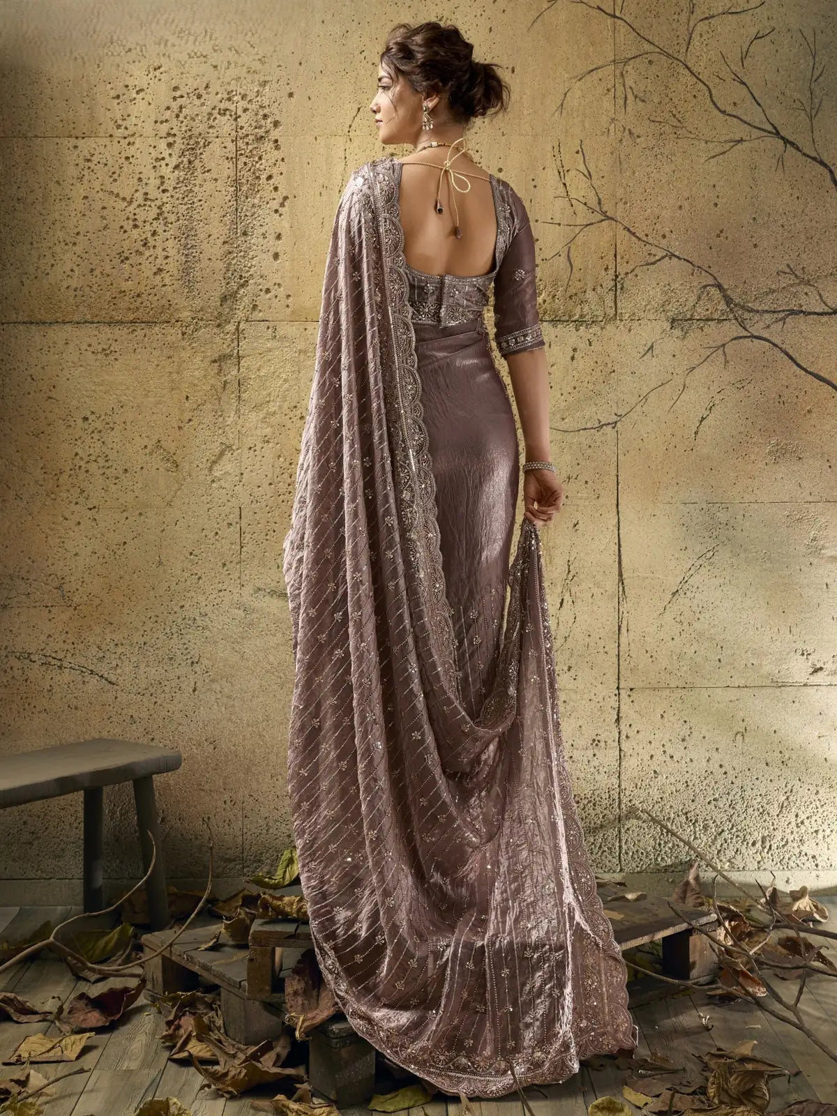 Tarani taupe Velvet Satin saree complete back view with designer blouse