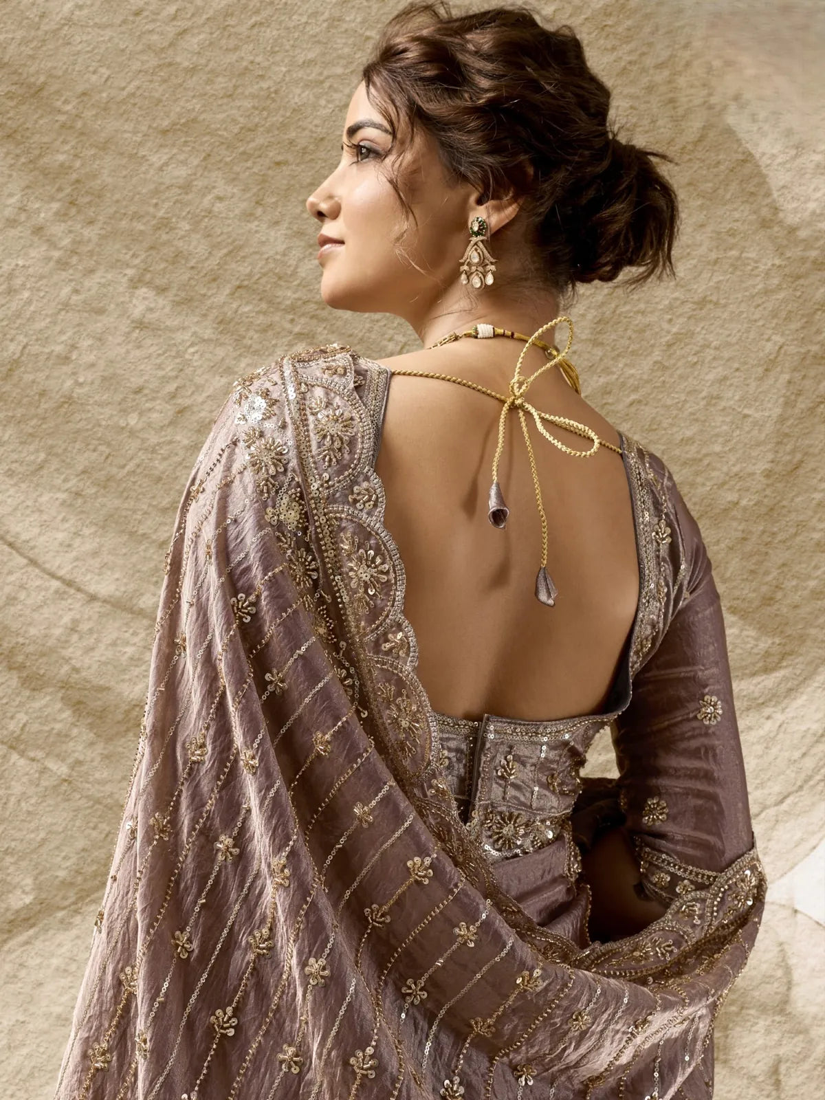 Tarani Velvet Satin designer blouse back and sleeve embroidery closeup