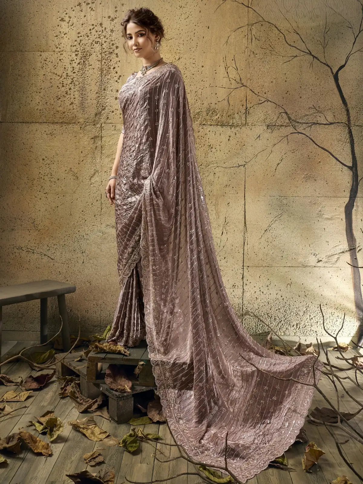 Tarani taupe Velvet Satin saree with beads sequins pearl and zari work full front view