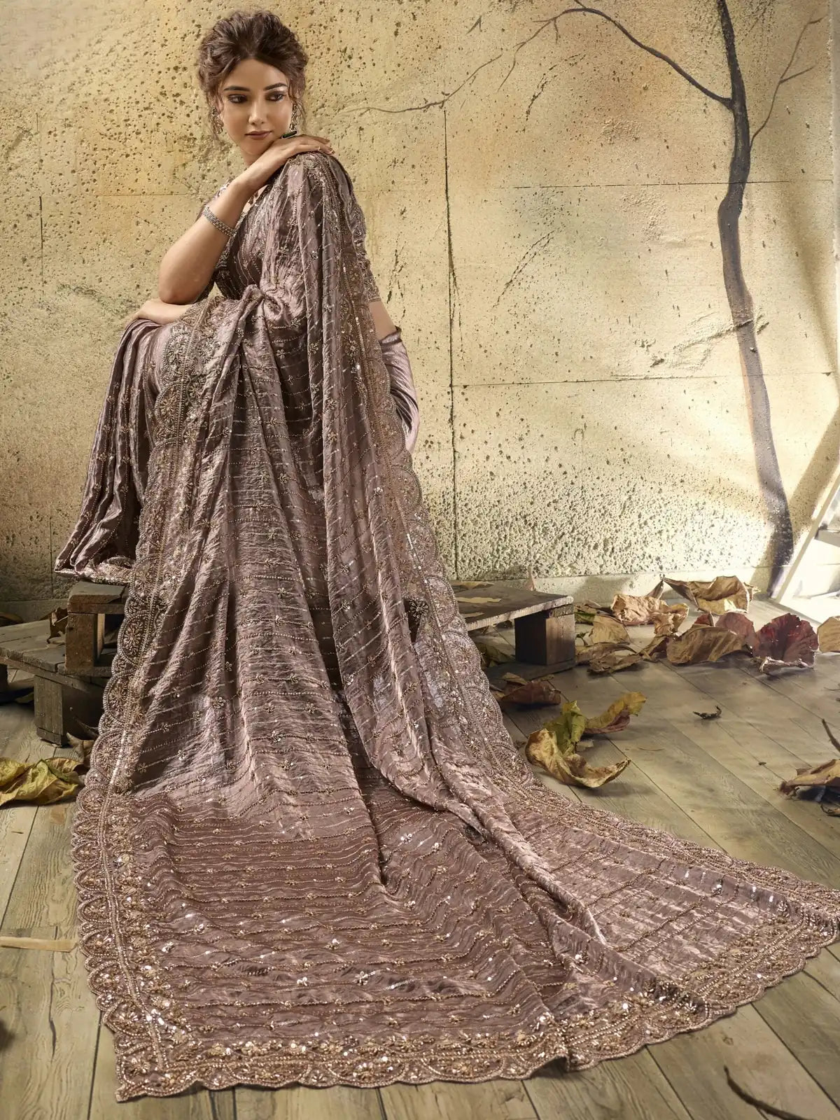 Tarani taupe Velvet Satin saree pallu view with rich zari and sequin border