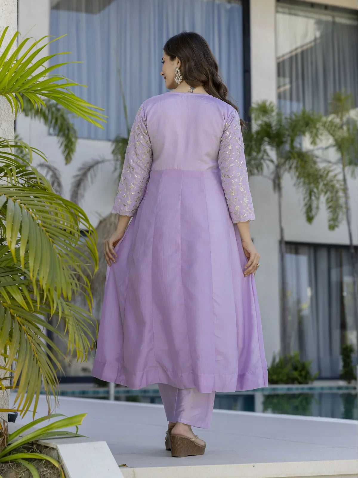 Back view of Tarani lavender vichitra silk kurti set with pant for festive occasions