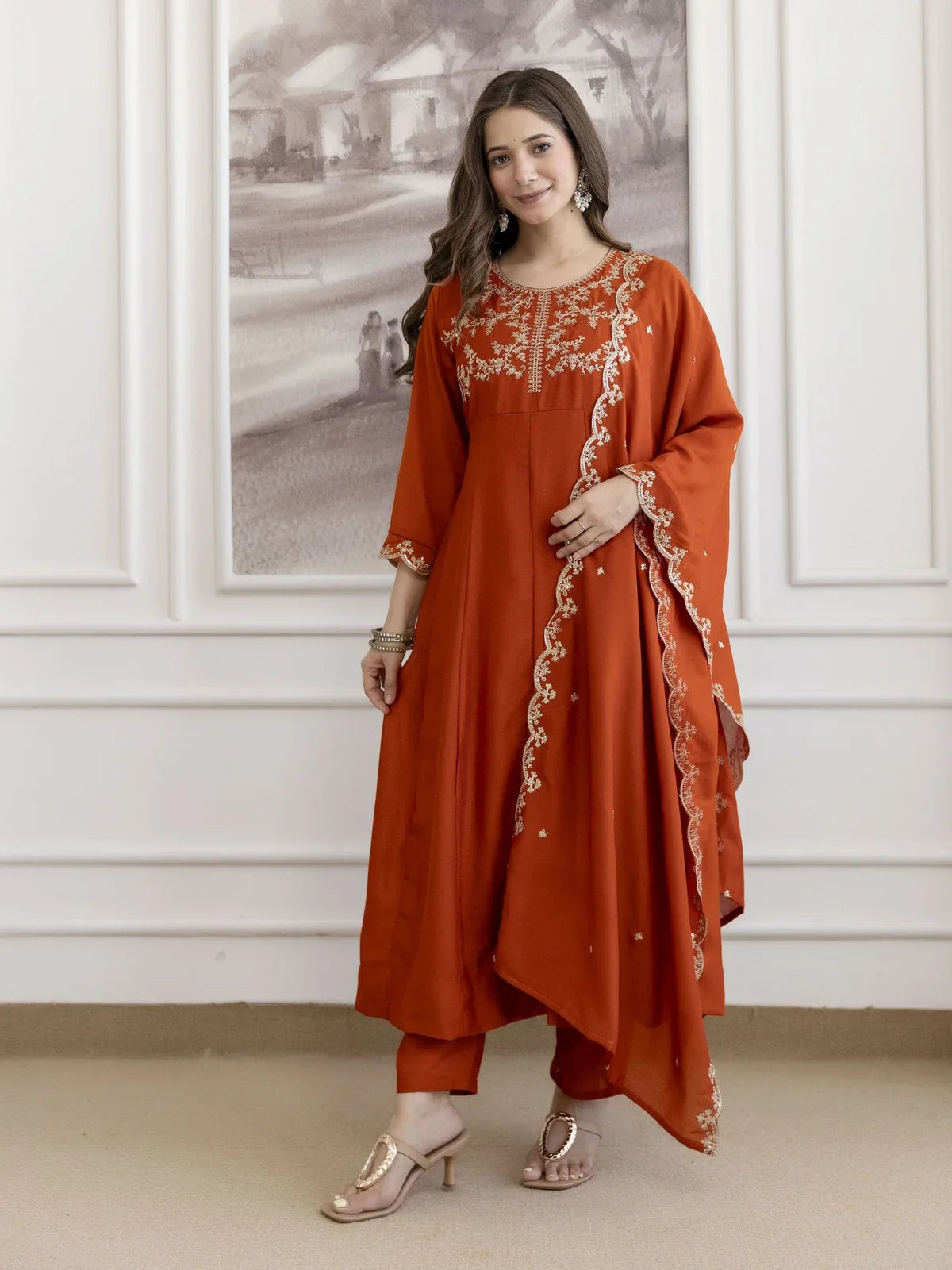 Tarani festive orange vichitra silk dress with embroidered dupatta full view for party occasions