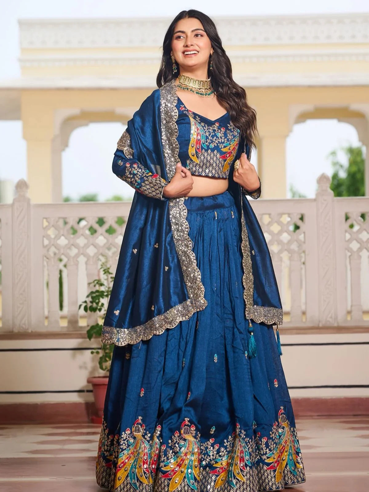 Tarani royal blue vichitra lehenga set with peacock embroidery and dupatta full view