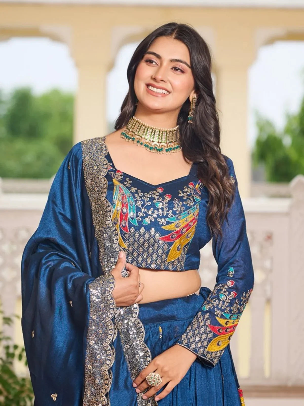 Tarani blue lehenga with detailed blouse embroidery and dupatta upper body view