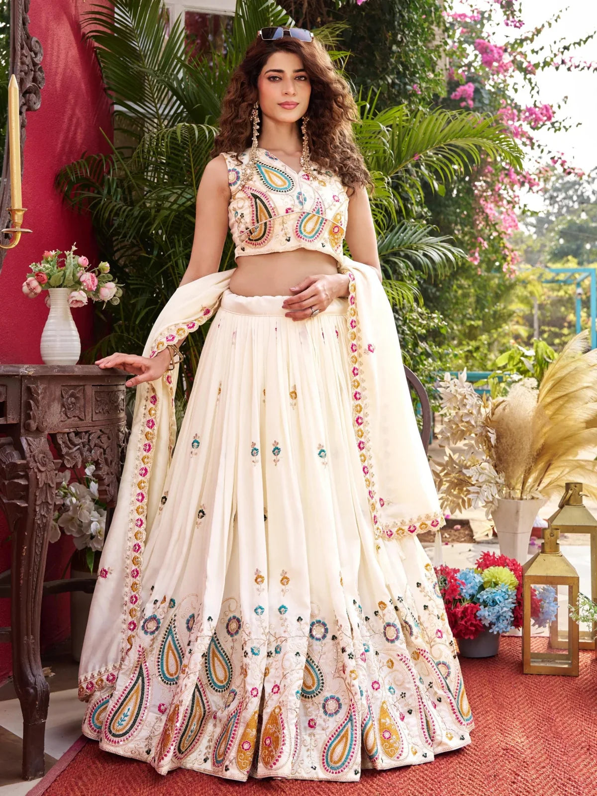 Tarani off white vichitra lehenga full view with multicolor embroidery and stitched blouse