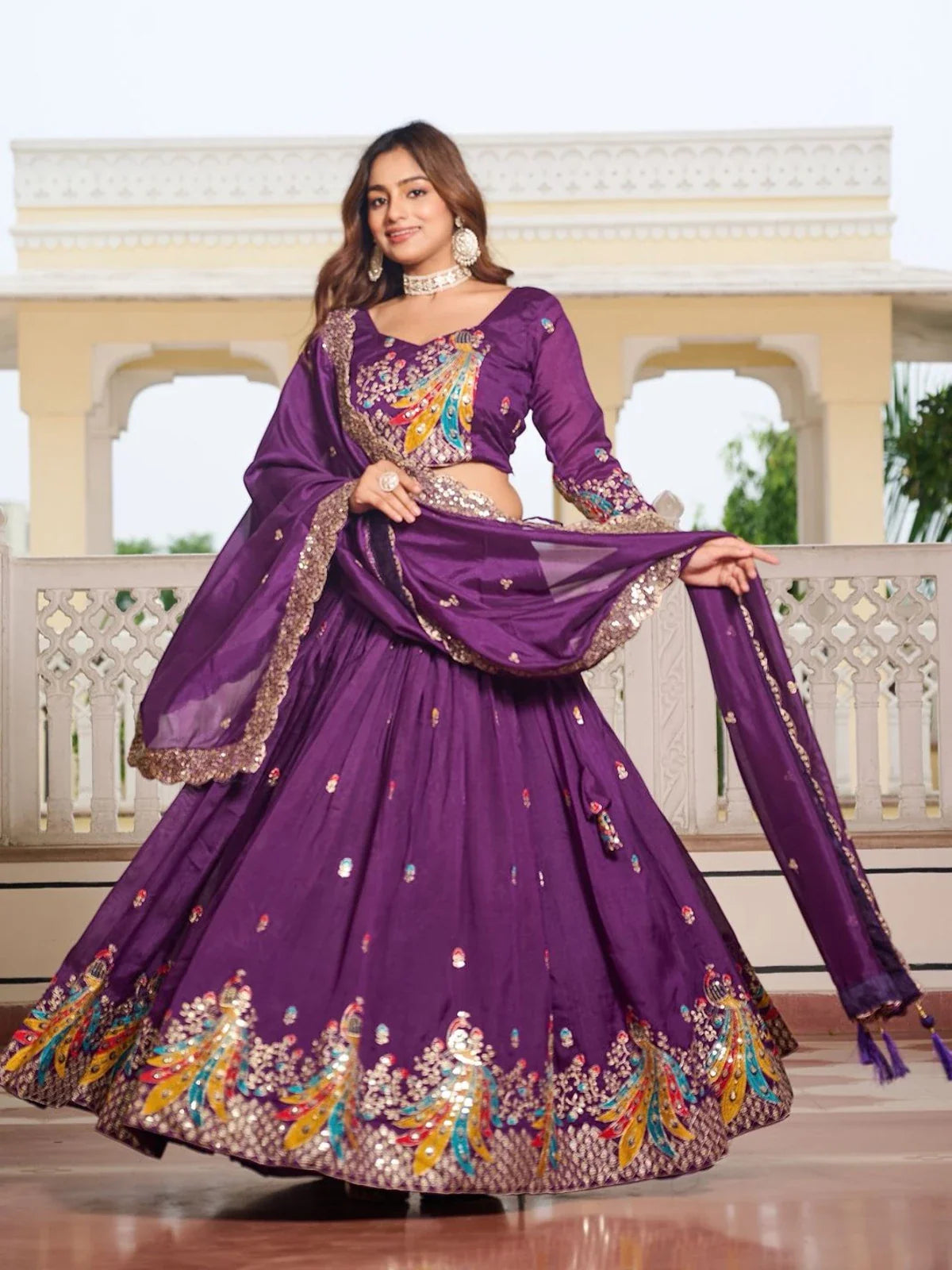 Tarani purple vichitra lehenga full view with multicolor embroidery and flared design