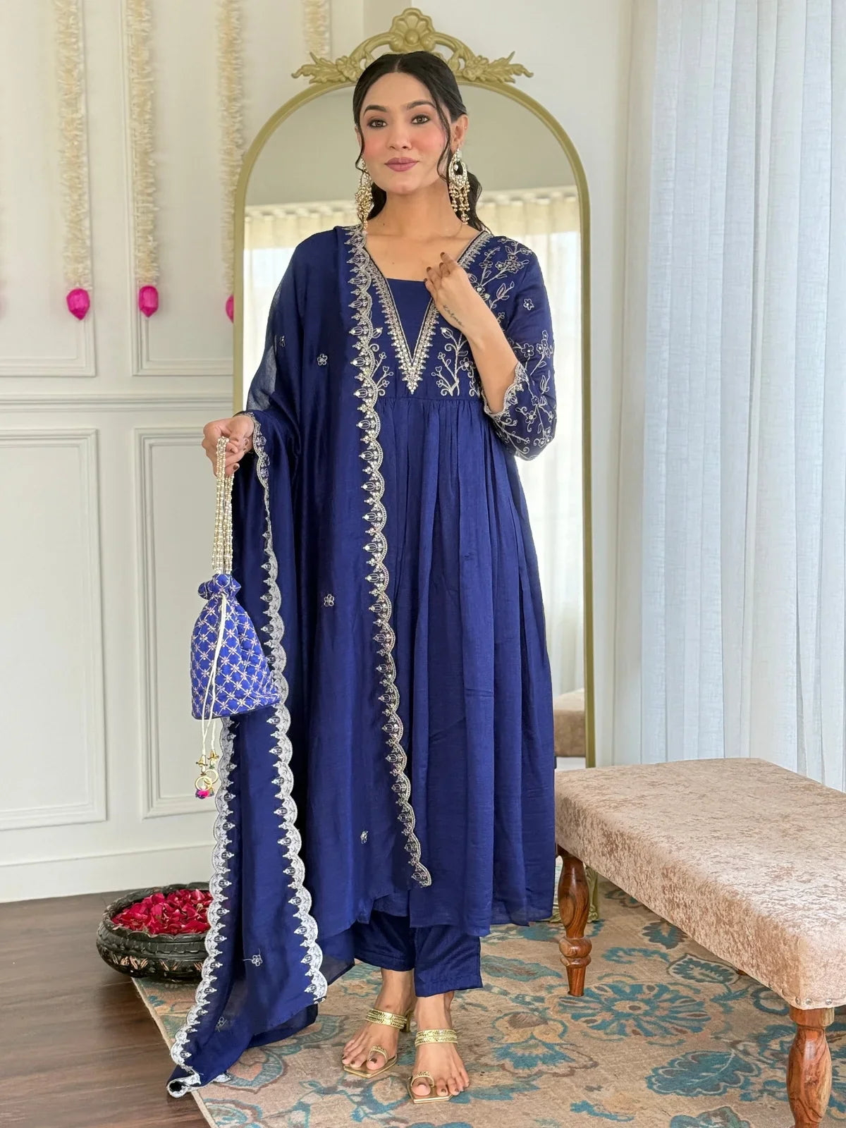 Tarani blue vichitra silk embroidered flared kurta set with dupatta full view