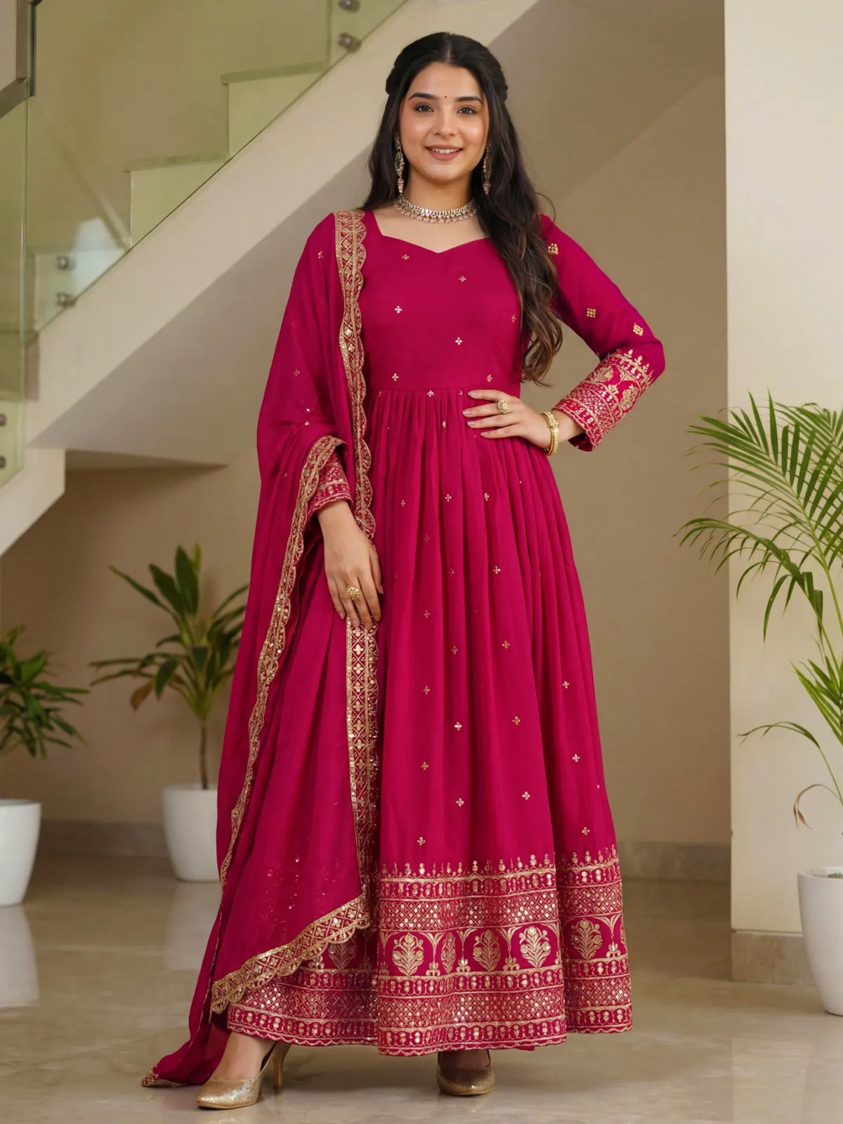 Tarani magenta vichitra silk festive gown with embroidery and dupatta full view