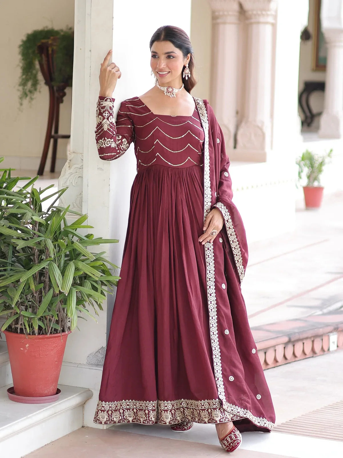 Tarani maroon Vichitra silk gown full view with sequins embroidery and square neck for festive wear