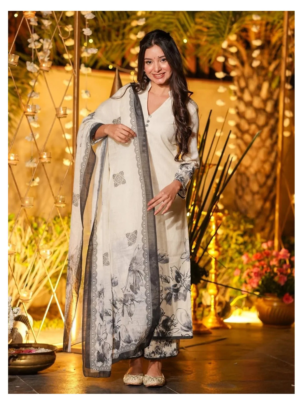 Tarani off white viscose chanderi dress with dupatta full view for festive occasion